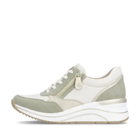 Remonte White and Sage Wide Fit Wedge Trainer|D0T0182